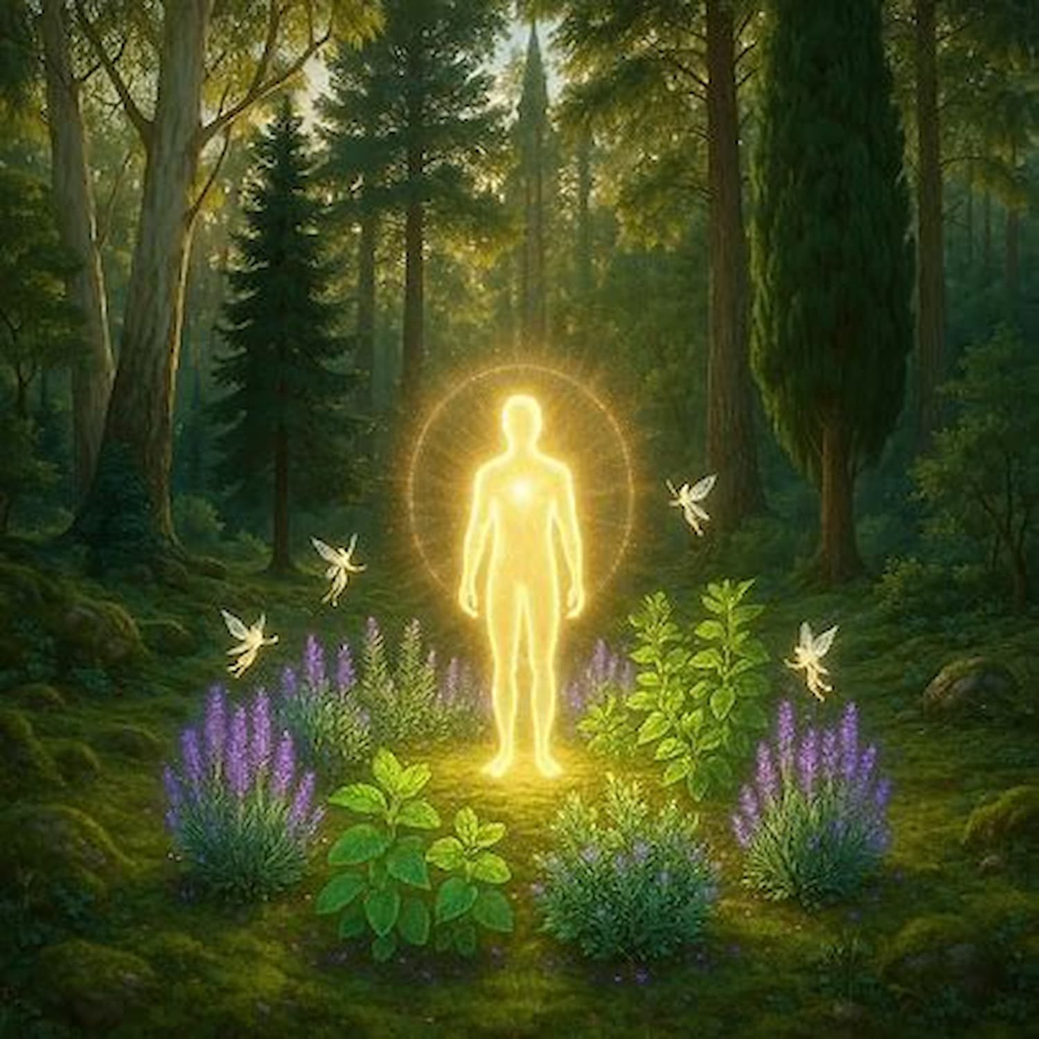 Ein leuchtender Mensch in einem magischen Wald, umgeben von Pflanzen und kleinen Lichtern.