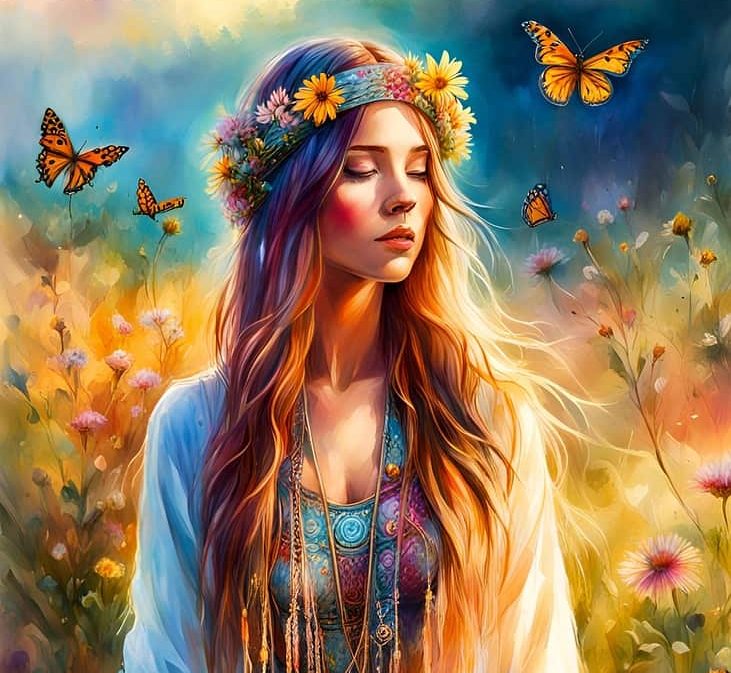 Stress Away Frau mit langen Haaren in blühender Natur, umgeben von Schmetterlingen und farbenfrohen Blumen.