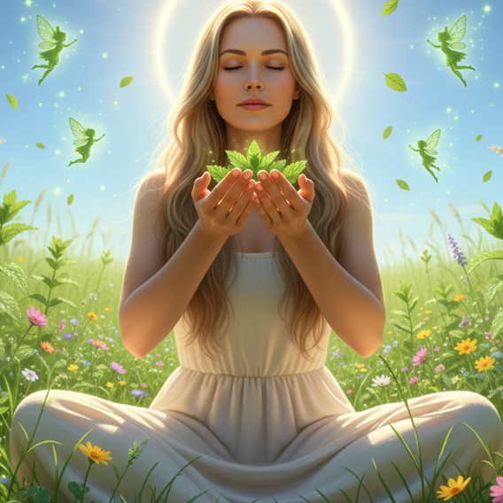 Meditationshaltung Frau im Lotussitz meditiert in einer magischen, blühenden Umgebung mit Kerzen und Kräutern.