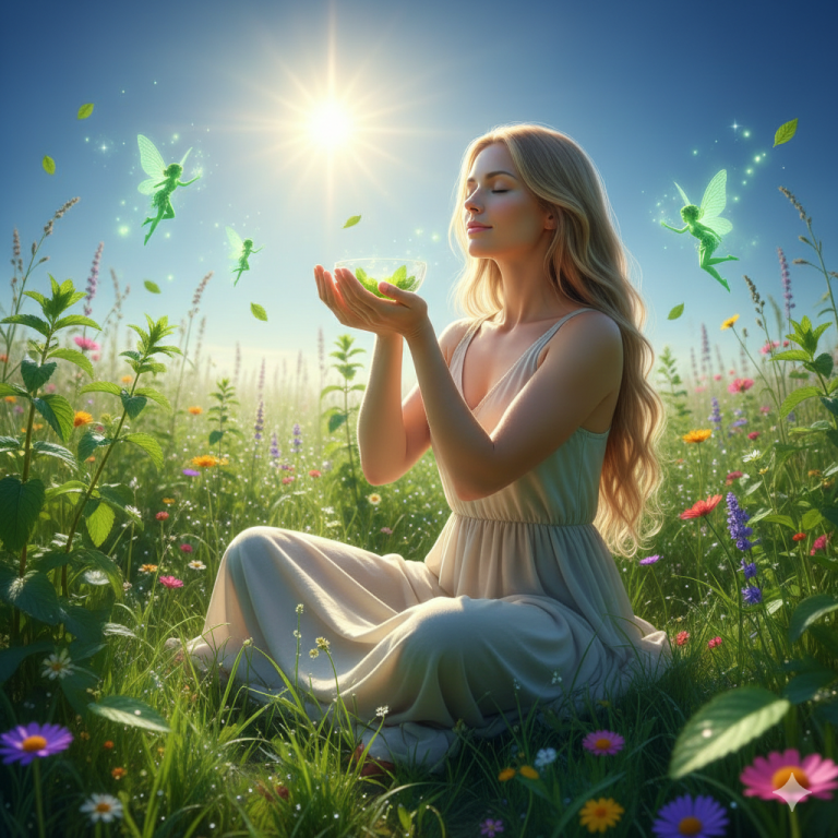 einzelne Meditationen Frau in meditativer Pose, umgeben von Pflanzen, Kerzen und schimmerndem, mystischem Licht.