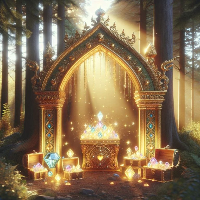 Purification Magischer Altar mit leuchtenden Edelsteinen in einem Wald.