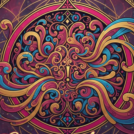 Anwendungshinweise Bunte, geschwungene Muster in einem runden, symmetrischen Design mit einem Ausrufezeichen.