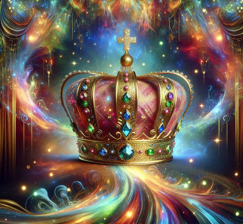 Raum für mich Eine opulente, farbenfrohe Krone mit Edelsteinen und einem Kreuz obendrauf.