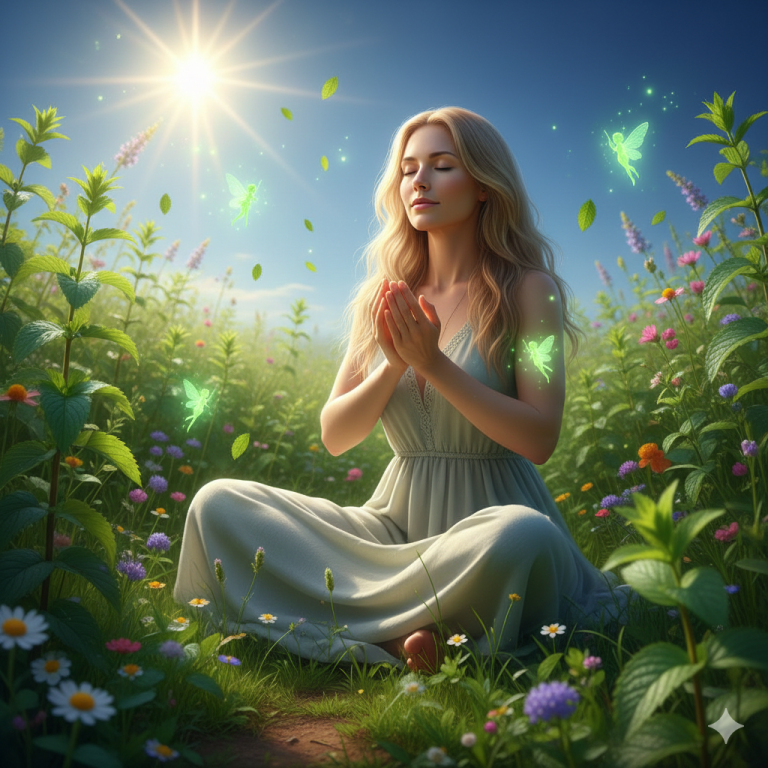 Handinhalation Frau mit geschlossenen Augen, die einen berauschenden Duft in einer blühenden Wiese genießt.